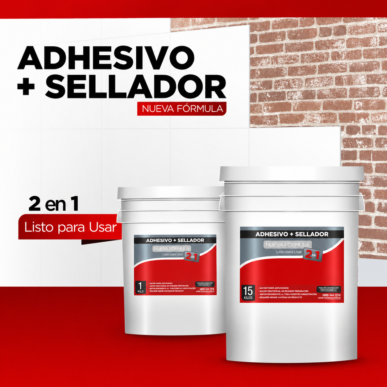 Adhesivo + Sellador 2 en 1: baldes de 1 y 15 kg, nueva fórmula lista para usar