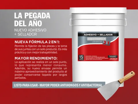 Adhesivo + Sellador: balde de 15 kg con espátula — fija placas y toma juntas